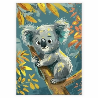 Kinderposter mit einem Koala auf einem Lianenzweig mit gelben Blättern