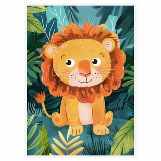 Kinderposter mit einem kleinen Löwen auf einem Poster mit wunderschönem Naturhintergrund