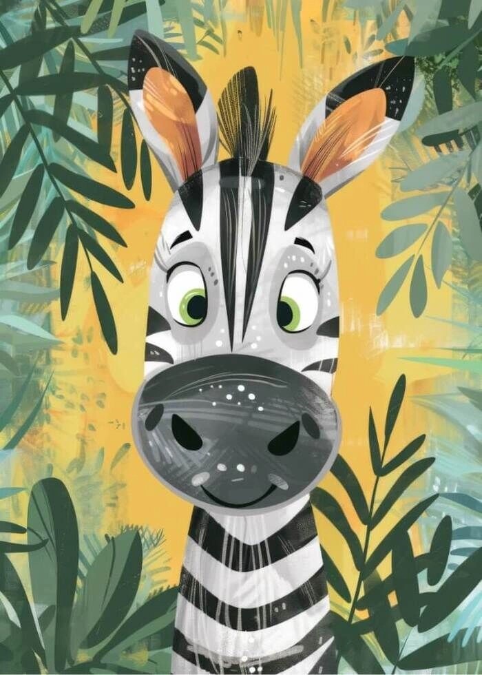 Kinderposter mit einem kleinen Zebra, der Hintergrund ist der wunderschöne Dschungel