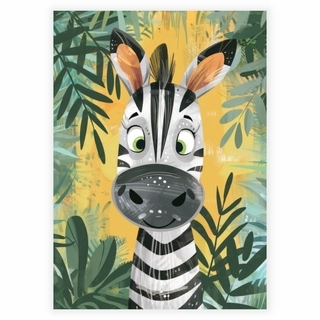 Kinderposter mit einem kleinen Zebra, der Hintergrund ist der wunderschöne Dschungel