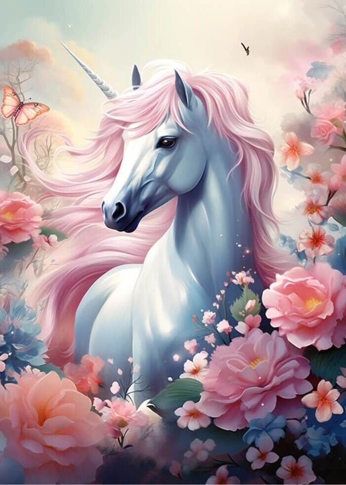 Poster mit einem Einhorn in einer wunderschönen Blumenwiese