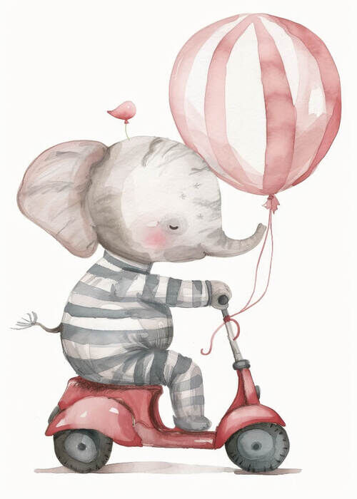 Elefant auf Moped mit Luftballon - Poster