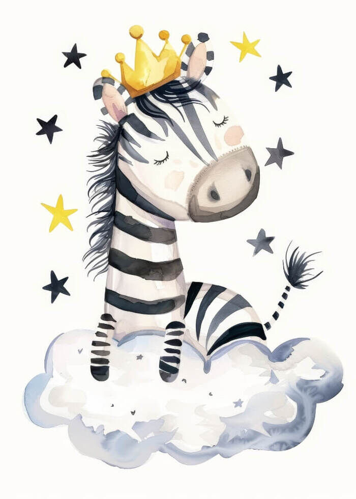 Kinderposter mit der Illustration eines Zebras auf einer Wolke mit Sternen