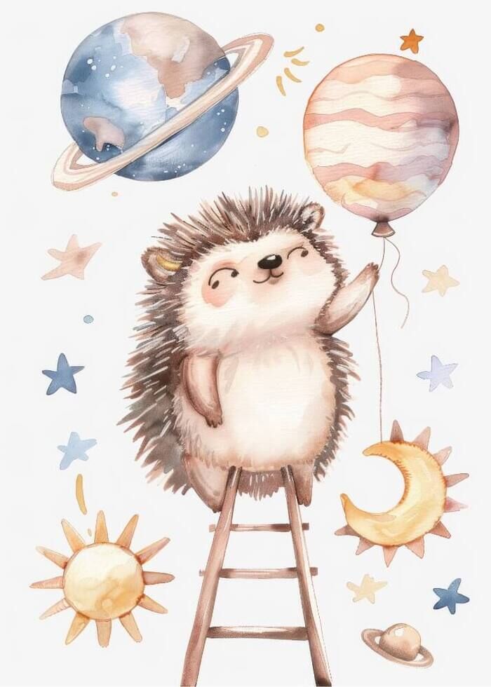 Kinderplakat mit einem Igel, der mit einem Ballon spielt. Der Igel sieht einen fantastischen Traum vom Weltraum