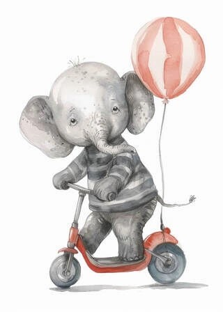 Elefant auf Roller mit Ballon - Poster