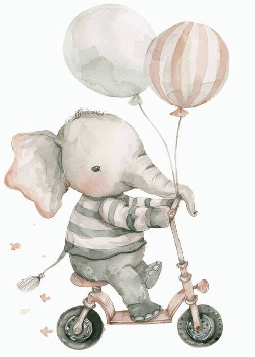 Elefant auf Roller mit 2 Luftballons - Poster