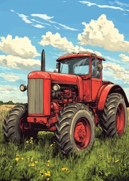 Roter Traktor auf dem Feld - Poster