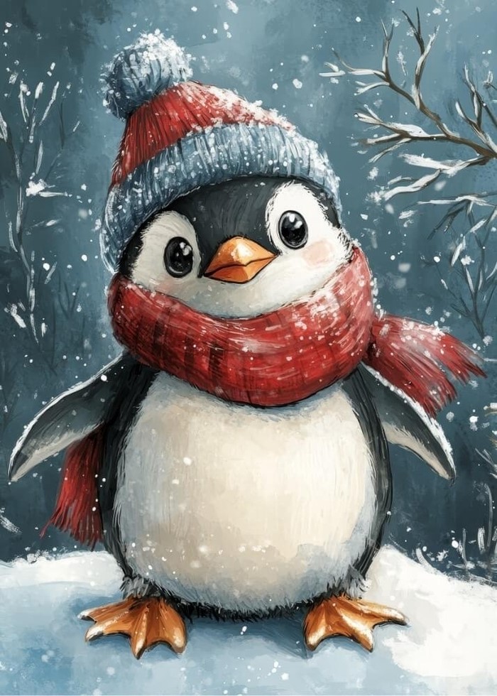 Weihnachtsposter mit dem schönsten Pinguin bei Schneewetter, das für weihnachtliche Atmosphäre sorgt