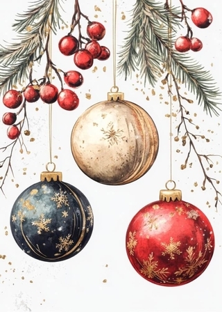 Weihnachtsplakat mit Weihnachtskugeln und Tannenbaum