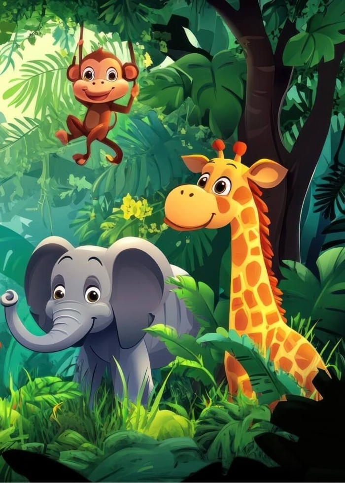 Dschungelposter für das Kinderzimmer mit Affe, Giraffe und Elefant