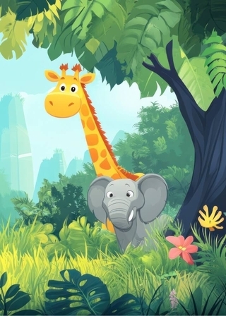 Poster mit glücklicher Giraffe und Elefant