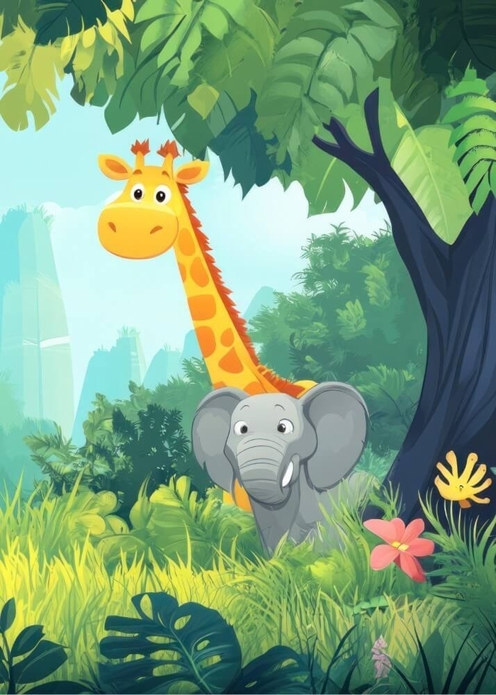 Dschungelposter für das Kinderzimmer mit fröhlicher Giraffe und Elefant