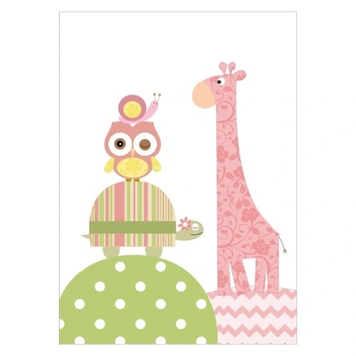 Kinderposter mit Giraffe, Eule, Schildkröte und einer kleinen Schnecke