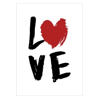Poster mit Love und Herz auf weißem Hintergrund.