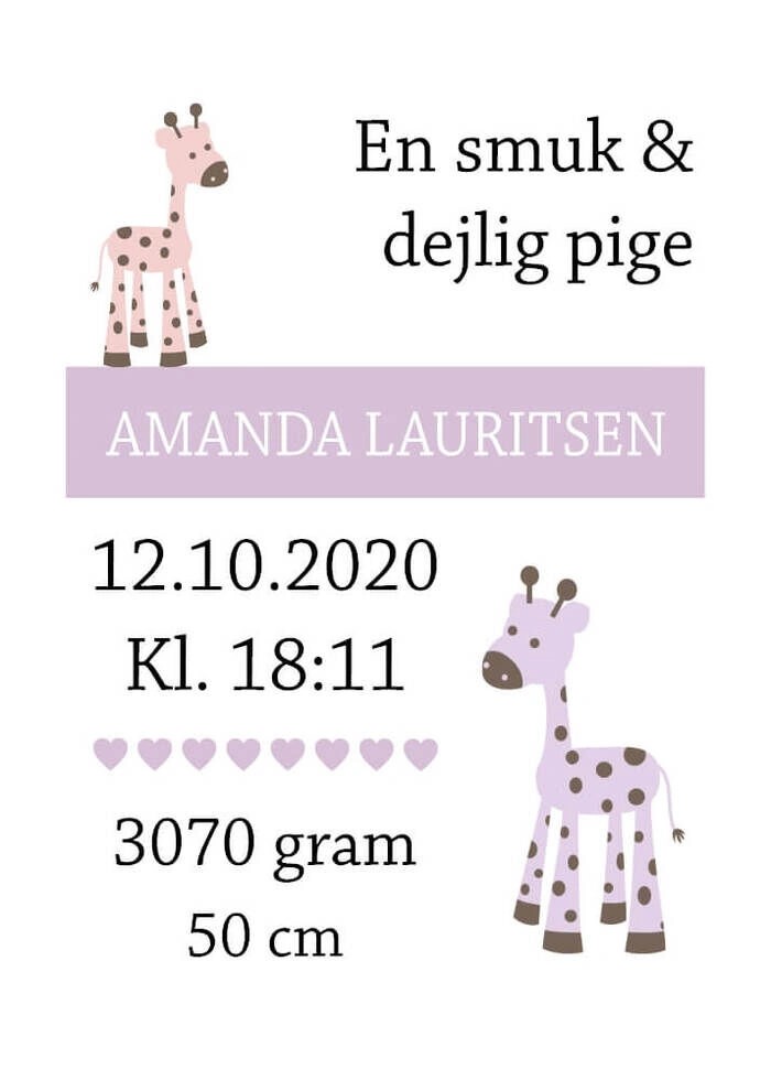 Geburtsposter mit Giraffe für Mädchen mit Namen, Gewicht, cm und Uhrzeit