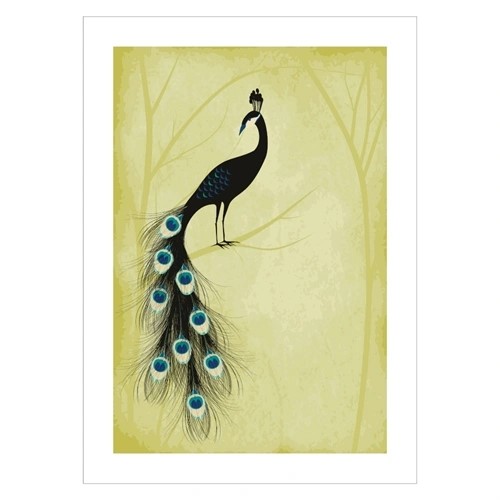 Poster mit Pfau in schönen Farben und einem schönen Waldhintergrund