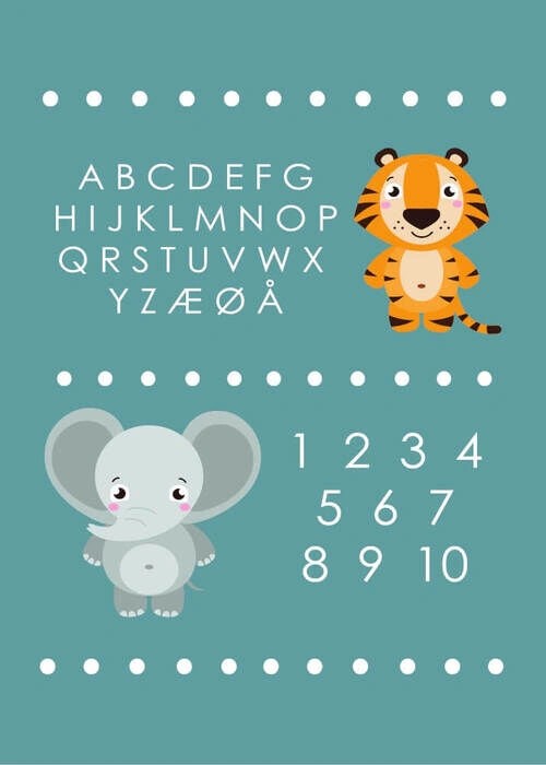 Lernposter ABC und Zahlentafel mit Elefant und Tiger