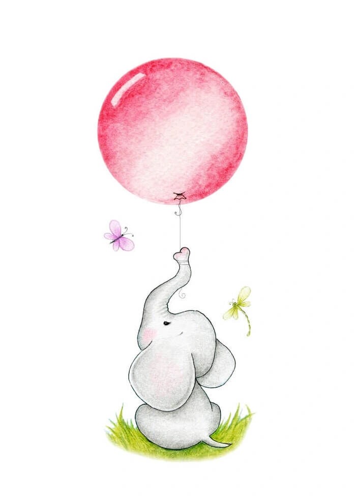 Kinderposter sitzender Elefant mit rosa Luftballon