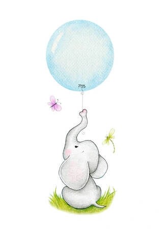 Kinderposter Sitzender Elefant mit blauem Luftballon