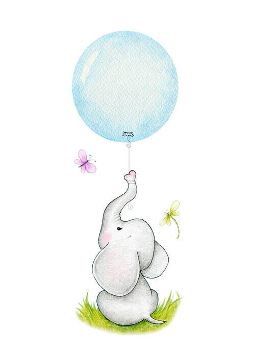 Kinderposter Sitzender Elefant mit blauem Luftballon