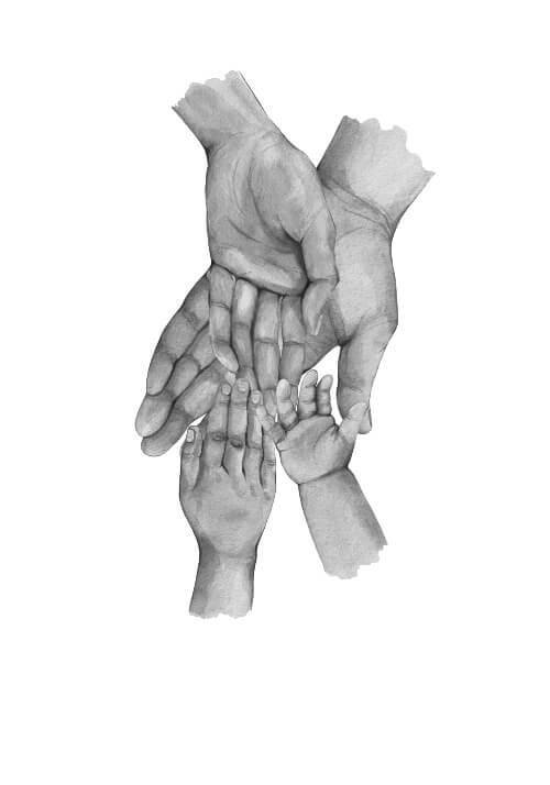 Vater, Mutter & 2 Kinder – kaufen Sie noch heute ein schönes Poster online. Entzückendes Poster mit Abbildung von vier Händen.