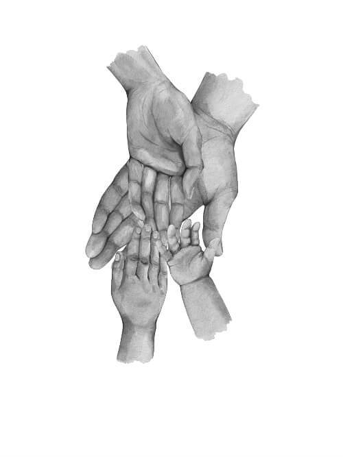 Vater, Mutter & 2 Kinder – kaufen Sie noch heute ein schönes Poster online. Entzückendes Poster mit Abbildung von vier Händen.