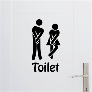 Wandaufkleber mit dem Text Toilette und Figuren mit einem Mann und einer Frau, die pinkeln müssen