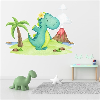 Wandtattoo mit einem Dinosaurier auf einer einsamen Insel mit Palme und Vulkan