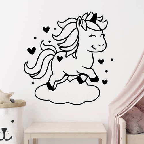 Wandtattoo mit einem Einhorn auf einer Wolke mit Herzen darum herum