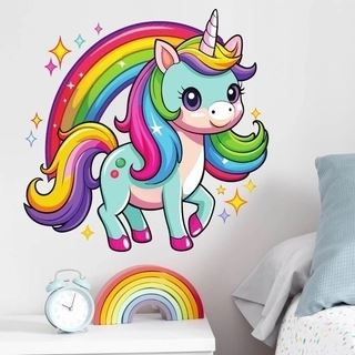 Buntes Einhorn, Regenbogen und Sterne